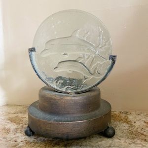 Vintage 2 Dolphins Thick Glass And Metal Candle Holder